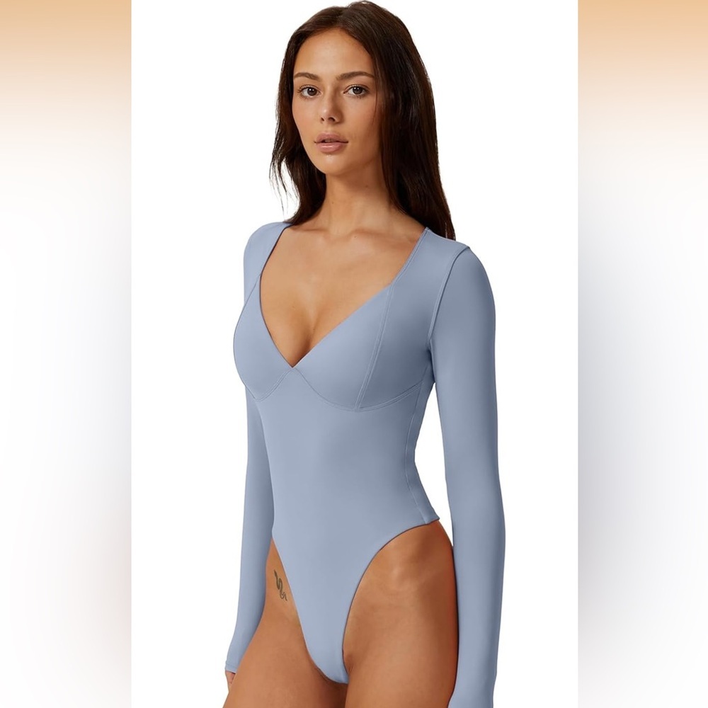 WomenLong Sleeve Bodysuit V Neck Body Suits Seamed Cup Going Out Tops Shirt M